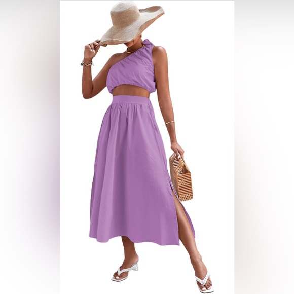 LYANER Women's👱🏽‍♀️2 Pc 1 Shoulder Crop Top&SideSplitMidiSkirtSet wPocketsSz L - Picture 2 of 11